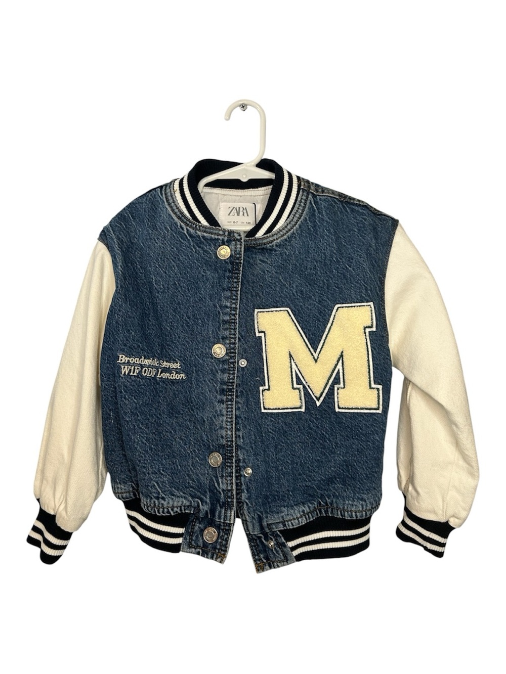 ZARA Blue Denim Jacket with Cream Sleeves and Yellow 'M' Patch